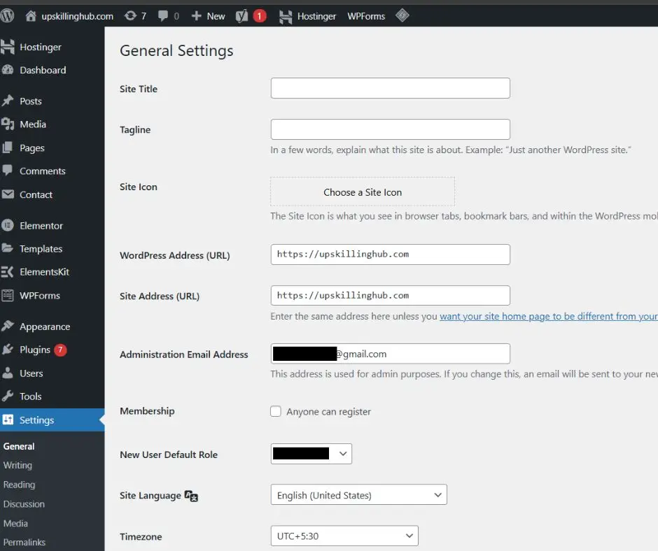 Wordpress general settings dashboard