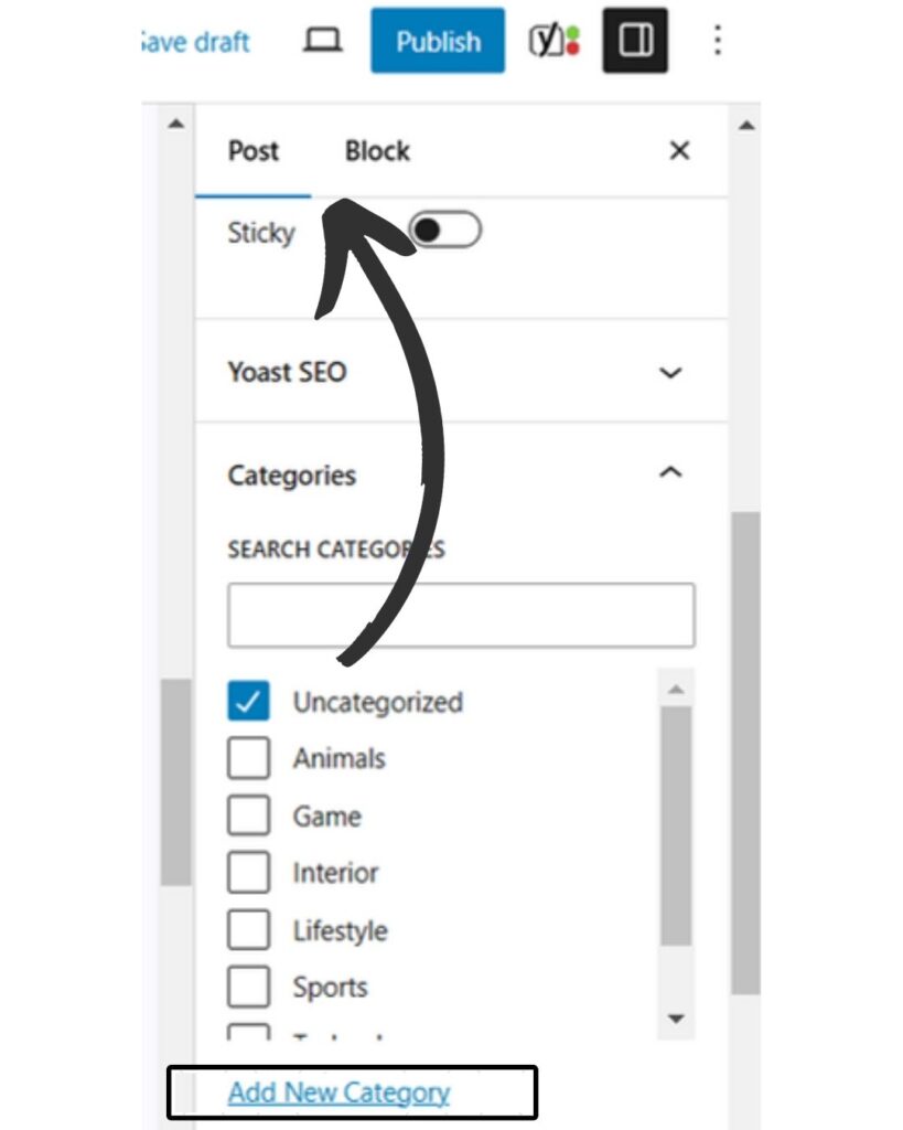 Categories adding block in WordPress