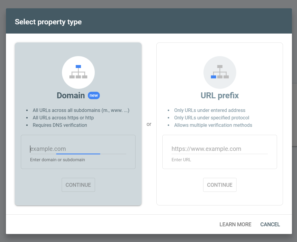 Google Search Console Property type